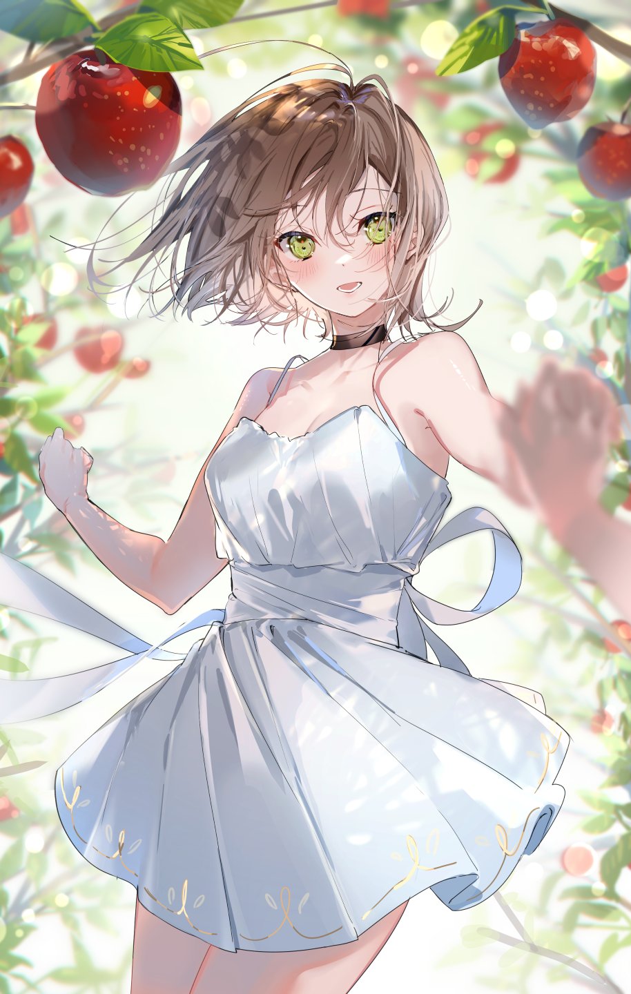 1boy 1girl apple apple_tree black_choker blush brown_hair choker commentary_request dress eyebrows_visible_through_hair food fruit green_eyes hair_between_eyes highres holding holding_hands interlocked_fingers miwano_ragu open_mouth original out_of_frame outdoors short_hair tree white_dress