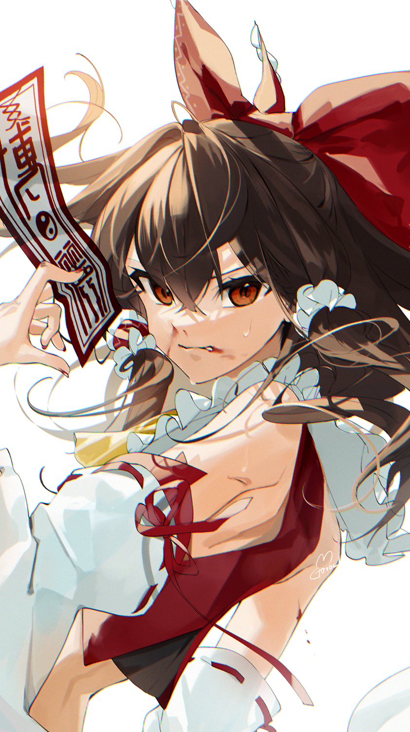 1girl angry ascot back bangs blood blood_from_mouth blood_on_face bow brown_eyes brown_hair collar commentary_request detached_sleeves eyebrows_visible_through_hair floating_hair from_behind gotoh510 hair_between_eyes hair_bow hair_tubes hakurei_reimu hand_up highres holding long_hair looking_at_viewer nail_polish nontraditional_miko red_bow red_nails red_shirt ribbon-trimmed_sleeves ribbon_trim shirt sidelocks signature simple_background sleeveless solo touhou upper_body v-shaped_eyebrows white_background white_collar yellow_ascot