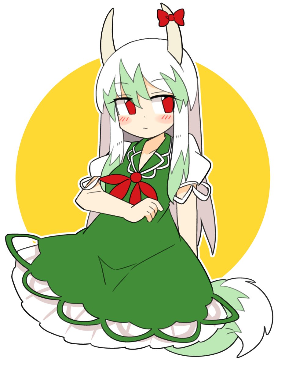 1girl arm_behind_back bangs bow closed_mouth dress ex-keine eyebrows_visible_through_hair green_dress green_hair highres horn_bow horn_ornament horns ini_(inunabe00) kamishirasawa_keine long_hair looking_at_viewer looking_to_the_side multicolored_hair puffy_short_sleeves puffy_sleeves red_bow red_eyes red_neckwear short_sleeves tail touhou two-tone_hair
