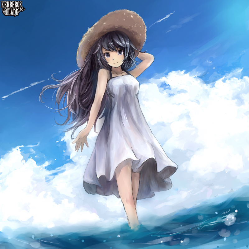 1girl arm_up bangs black_eyes black_hair blue_sky breasts closed_mouth clouds commentary_request condensation_trail copyright_name day dress full_body hat kerberos_blade long_hair looking_at_viewer medium_breasts mizunosan outdoors sky sleeveless sleeveless_dress smile soaking_feet solo straw_hat sundress water white_dress