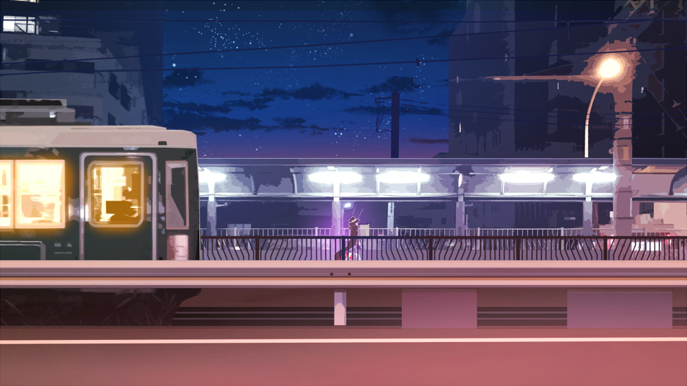 1girl black_headwear bow brown_hair bus cloak clouds from_side ground_vehicle guard_rail hat hat_bow lamppost lights motor_vehicle night plaid plaid_vest real_world_location sky standing star_(sky) starry_sky tokoroten_(hmmuk) touhou usami_sumireko vest walking white_bow wide_shot