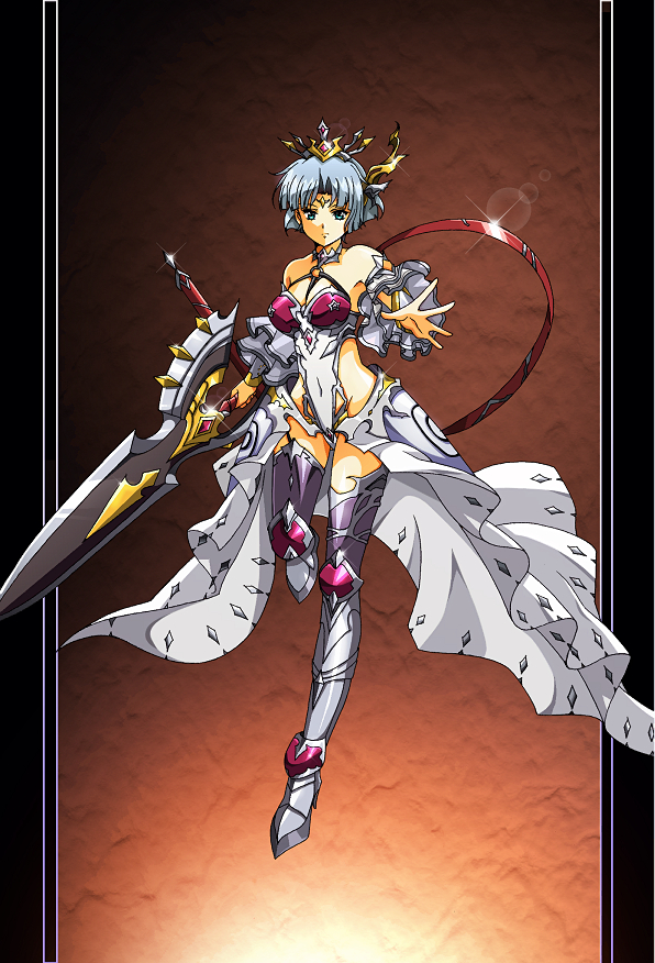 1girl armored_boots black_border blue_eyes boots border breasts cape choker circlet covered_navel detached_sleeves full_body hair_ornament highleg highleg_leotard hikaru_(mikan0407) holding holding_weapon langrisser langrisser_ii large_breasts layered_sleeves lens_flare leotard long_sleeves looking_at_viewer outstretched_arm pillarboxed sherry_(langrisser) shiny shiny_hair short_hair silver_hair solo standing standing_on_one_leg thigh-highs thigh_boots waist_cape weapon white_cape white_leotard white_sleeves