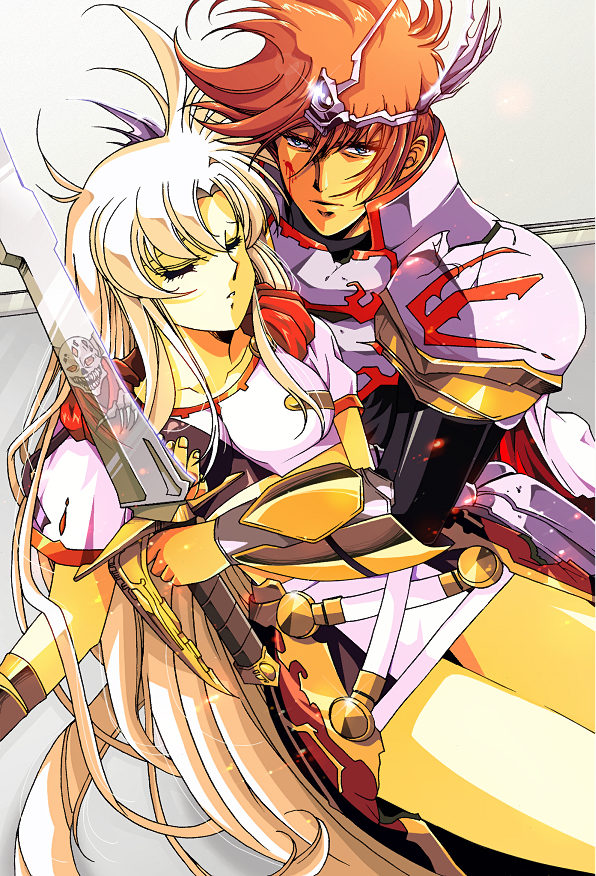 1boy 1girl armor blood blood_on_face blue_eyes breastplate brown_hair closed_eyes dress elwin_(langrisser) hikaru_(mikan0407) holding holding_sword holding_weapon langrisser langrisser_ii long_hair looking_at_viewer looking_up parted_lips short_dress short_hair short_sleeves shoulder_armor silver_hair skeleton sword very_long_hair weapon white_dress