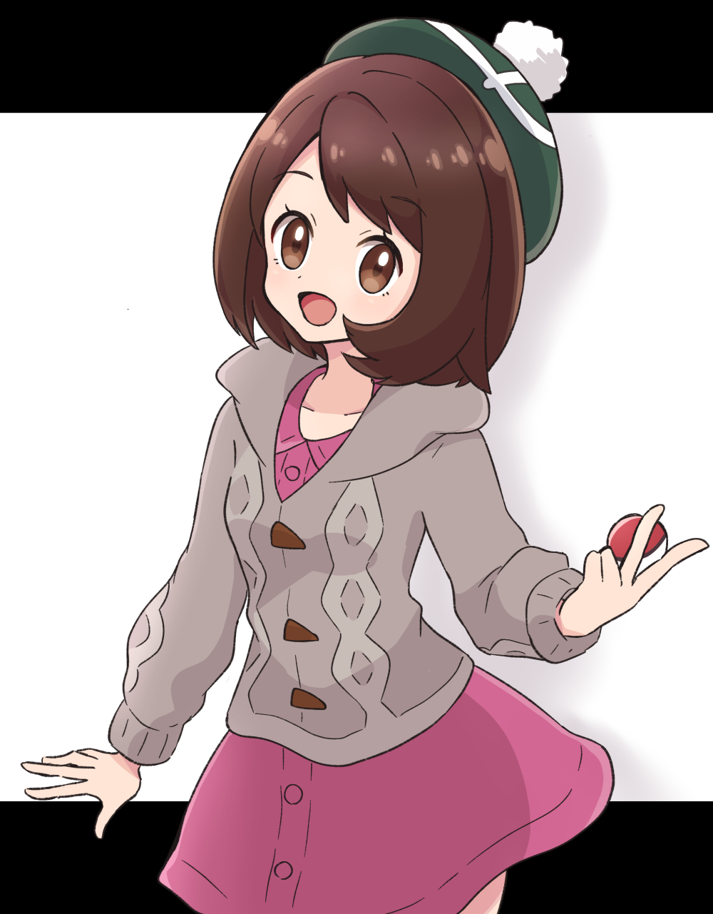 1girl :d bangs brown_eyes brown_hair buttons cable_knit cardigan collared_dress commentary_request dress gloria_(pokemon) green_headwear grey_cardigan happy haru_(haruxxe) hat highres holding holding_poke_ball hooded_cardigan open_mouth pink_dress poke_ball poke_ball_(basic) pokemon pokemon_(game) pokemon_swsh smile solo tam_o'_shanter tongue