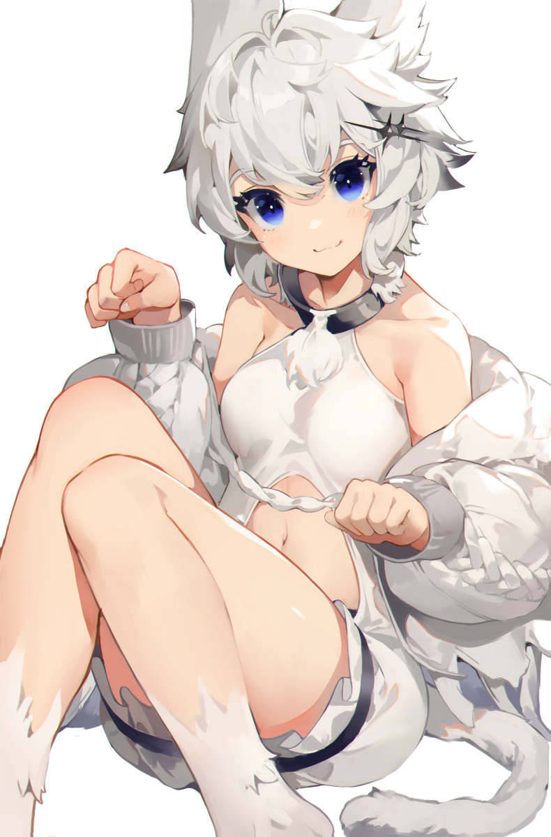 1girl :3 akizone alchemy_stars animal_ears bangs bare_shoulders blue_eyes blush breasts cat_tail collarbone commentary feet_out_of_frame grey_hair grey_jacket highres jacket knees_up long_hair long_sleeves looking_at_viewer medium_breasts navel paw_pose philyshy_(alchemy_stars) puffy_long_sleeves puffy_sleeves shiny shiny_skin short_hair simple_background smile solo tail thigh-highs white_background