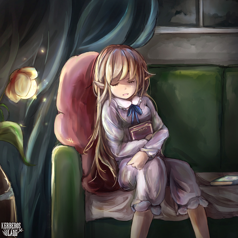 1girl bangs blonde_hair blue_neckwear blue_ribbon book closed_eyes commentary_request copyright_name couch dress feet_out_of_frame flower frilled_dress frills holding holding_book kerberos_blade long_hair mizunosan neck_ribbon on_couch open_mouth pointy_ears purple_dress ribbon sleeping solo standing yellow_flower