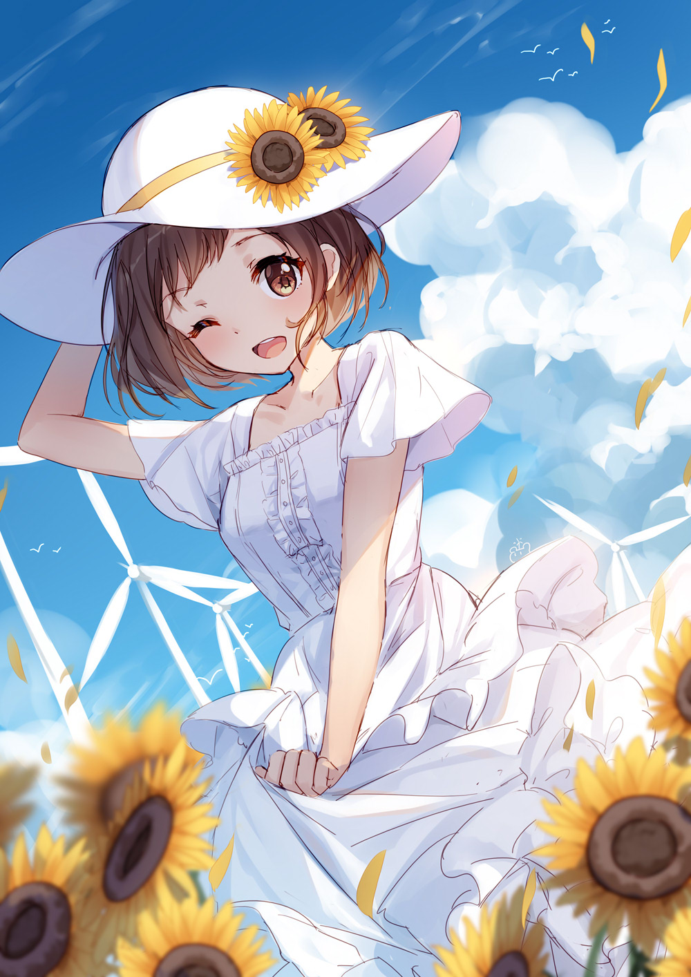 1girl ;d arm_up bang_dream! bangs bison_cangshu blue_sky blush breasts brown_eyes brown_hair center_frills clouds cloudy_sky collarbone commentary_request day dress eyebrows_visible_through_hair flower frills hand_on_headwear hat hazawa_tsugumi highres looking_at_viewer one_eye_closed outdoors petals short_sleeves sky small_breasts smile solo sun_hat sunflower teeth upper_teeth white_dress white_headwear wind_turbine yellow_flower