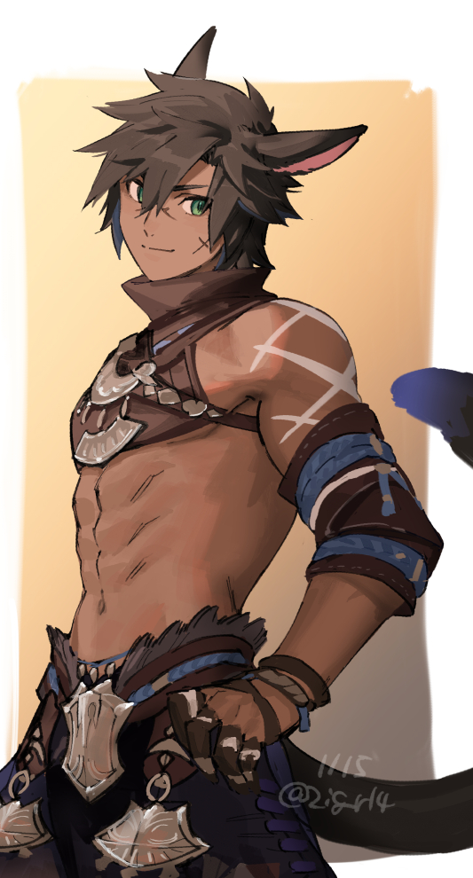 1boy abs abstract_background animal_ears arm_tattoo armor bangs bare_shoulders blue_hair blue_tail brown_collar brown_fur brown_hair brown_sleeves brown_tail cat_boy cat_tail closed_mouth collar colored_inner_hair commentary cowboy_shot dark-skinned_male dark_skin dated detached_sleeves eyebrows eyebrows_behind_hair final_fantasy final_fantasy_xiv fur fur-trimmed_armor fur_trim gradient gradient_background green_eyes hair_between_eyes hand_on_hip high_collar looking_to_the_side making-of_available male_focus medieval medium_hair messy_hair midriff miqo'te mn_(zig_r14) multicolored_hair multicolored_tail navel pectoral_peek plate_armor scar scar_on_cheek scar_on_face scar_on_nose shiny shiny_hair sidelocks sideways_glance simple_background smile solo split_mouth standing tail tattoo toned toned_male tribal tribal_tattoo twitter_username two-tone_hair white_background white_tattoo wristband yellow_background