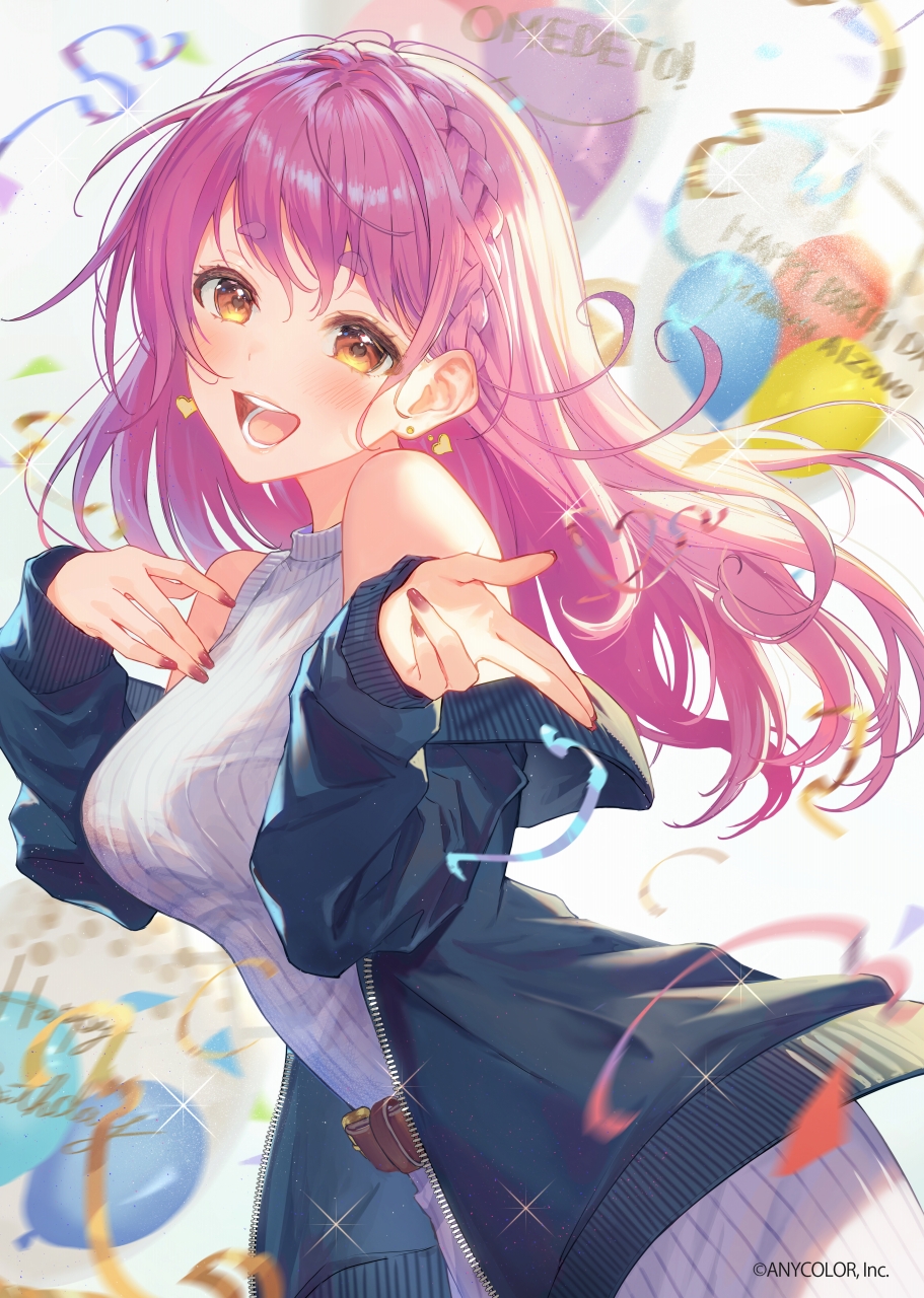 1girl :d aizono_manami balloon bangs bare_shoulders belt black_jacket braid breasts brown_belt confetti crown_braid dress earrings eyebrows_visible_through_hair french_braid happy_birthday haru_(hiyori-kohal) heart heart_earrings highres jacket jewelry large_breasts long_hair looking_at_viewer nail_polish nijisanji official_art open_clothes open_jacket pink_hair pink_nails ribbed_dress short_eyebrows sleeveless sleeveless_dress smile solo sweater sweater_dress virtual_youtuber white_dress yellow_eyes zipper