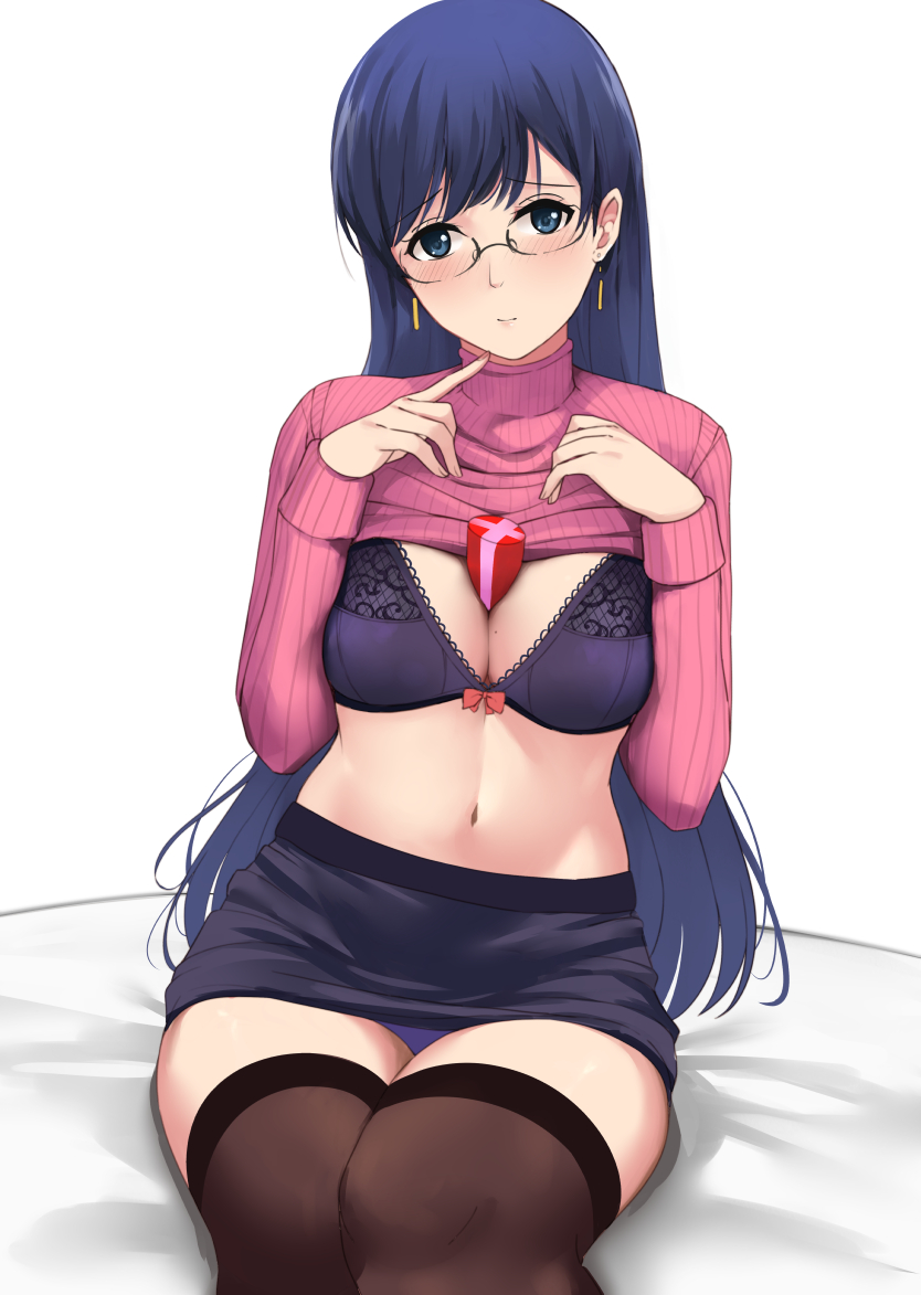 1girl bangs between_breasts black_legwear black_skirt blue_eyes blue_hair blush bow bow_bra bra breasts closed_mouth clothes_lift commentary copyright_request earrings english_commentary eyebrows_visible_through_hair gift glasses hands_on_own_chest hands_up jewelry kauru00 legs_together long_hair long_sleeves looking_at_viewer medium_breasts navel original panties pencil_skirt pink_sweater purple_bra purple_panties red_bow ribbed_sweater round_eyewear sitting skirt solo straight_hair sweater sweater_lift thigh-highs thighs underwear very_long_hair