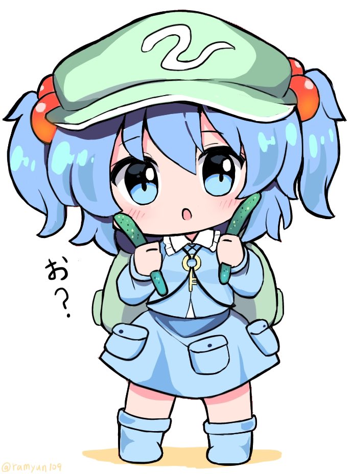 1girl backpack bag bangs blue_eyes blue_hair blue_jacket blue_skirt chibi cucumber eyebrows_visible_through_hair flat_cap food full_body green_bag green_headwear hair_bobbles hair_ornament hat holding holding_food jacket kawashiro_nitori key long_sleeves looking_at_viewer open_mouth pocket ramudia_(lamyun) short_hair simple_background skirt solo standing touhou translation_request twitter_username two_side_up white_background