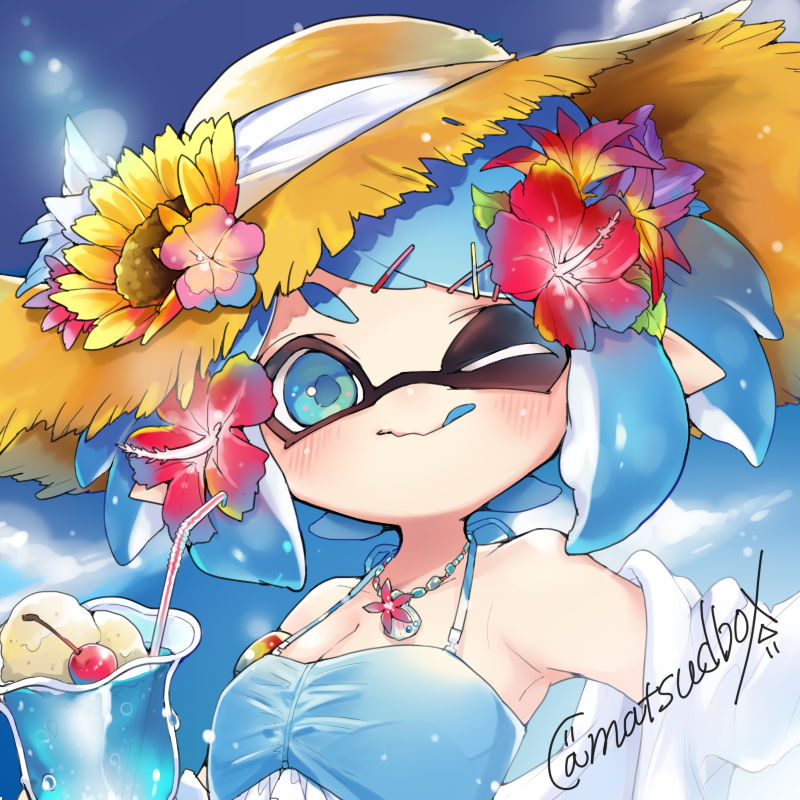 1girl bare_shoulders bloom blue_eyes blue_hair blue_sky blue_swimsuit blush close-up cup drinking_glass drinking_straw flower hair_flower hair_ornament hairclip hat hat_flower inkling jacket jacket_removed jewelry looking_at_viewer matsushita_(matsudbox) necklace one_eye_closed sky solo splatoon_(series) sun_hat sunflower sunlight swimsuit upper_body