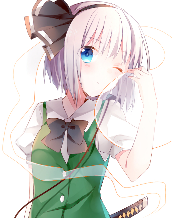 1girl bangs black_bow black_bowtie black_hairband blue_eyes blush bow bowtie breasts buttons closed_mouth collar collared_shirt eyebrows_visible_through_hair eyes_visible_through_hair ghost green_vest hairband hand_up katana konase_(non_stop!) konpaku_youmu konpaku_youmu_(ghost) looking_at_viewer medium_breasts myon_(phrase) one_eye_closed puffy_short_sleeves puffy_sleeves shirt short_hair short_sleeves silver_hair solo standing sword touhou vest weapon white_shirt