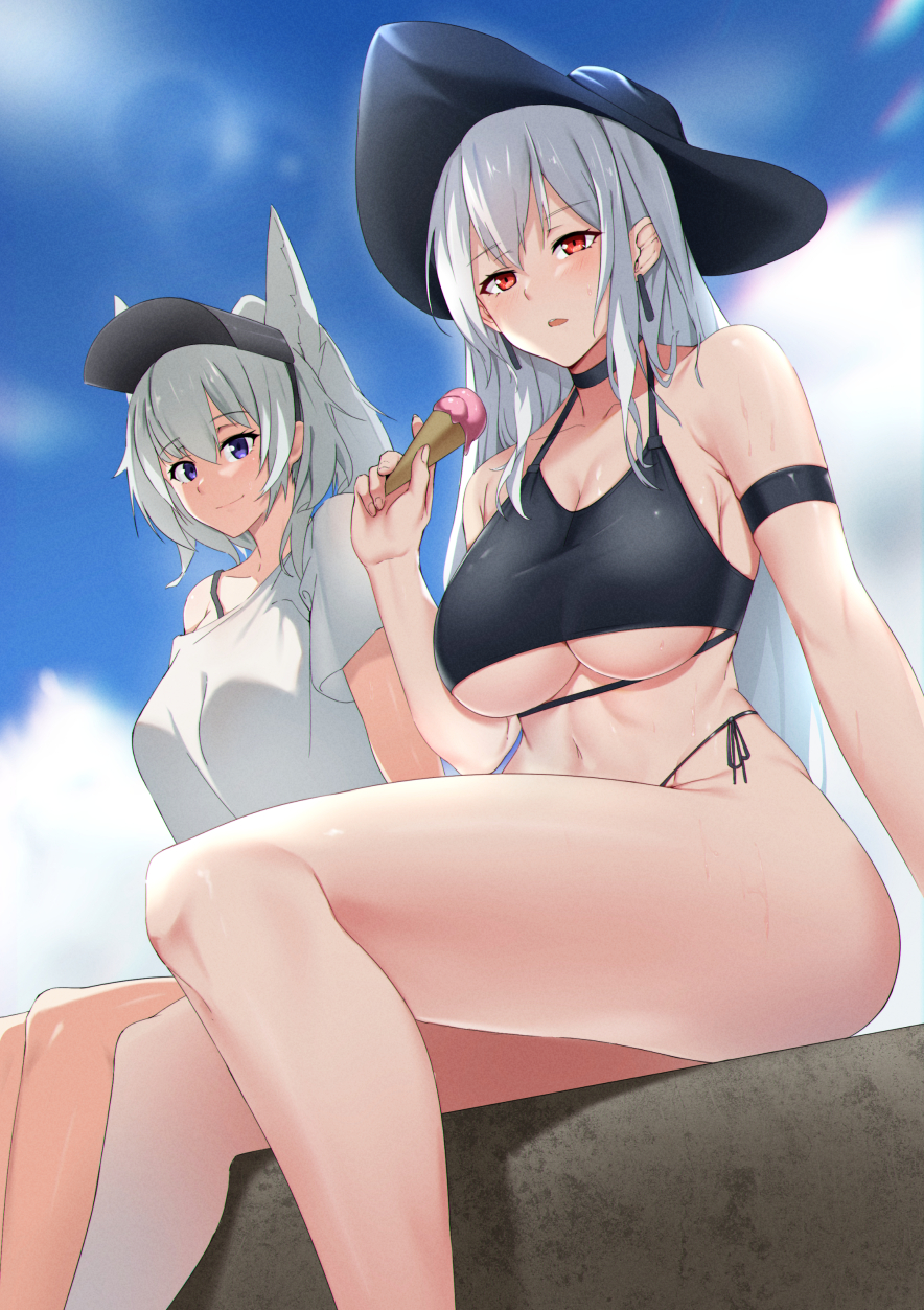2girls animal_ears arknights arm_strap bangs bare_legs bare_shoulders bikini black_bikini black_headwear black_ribbon blue_sky blush breasts chinese_commentary closed_mouth clouds collarbone commentary_request day earrings extra_ears eyebrows_visible_through_hair feet_out_of_frame food grani_(arknights) high_ponytail highres holding holding_food horse_ears ice_cream_cone jewelry large_breasts lens_flare long_hair multiple_girls navel off_shoulder open_mouth outdoors ponytail red_eyes revision ribbon side-tie_bikini silver_hair single_bare_shoulder skadi_(arknights) sky smile sunlight swimsuit thighs under_boob very_long_hair violet_eyes visor_cap xperiajoker