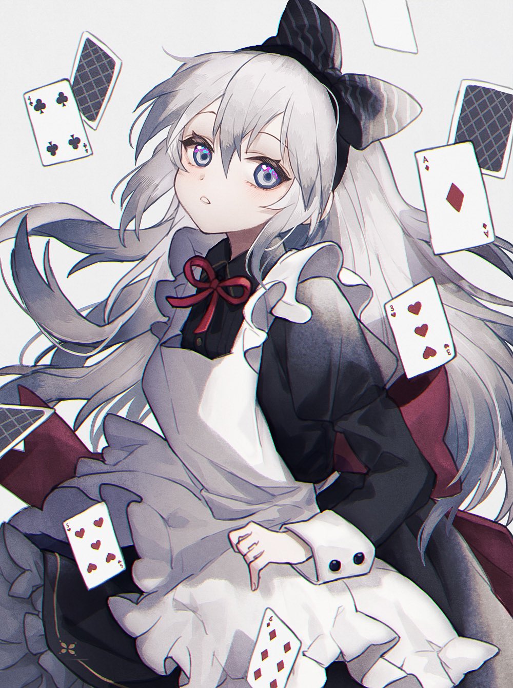 1girl ace_of_diamonds alice_in_wonderland apron back_bow bangs black_bow black_dress blue_eyes bow card club_(shape) commentary cowboy_shot diamond_(shape) dress five_of_hearts four_of_clubs frilled_dress frills grey_eyes hair_bow heart highres juliet_sleeves long_sleeves looking_at_viewer namiki_itsuki original playing_card puffy_sleeves red_bow sidelocks silver_hair six_of_diamonds sleeve_cuffs solo three_of_hearts white_apron