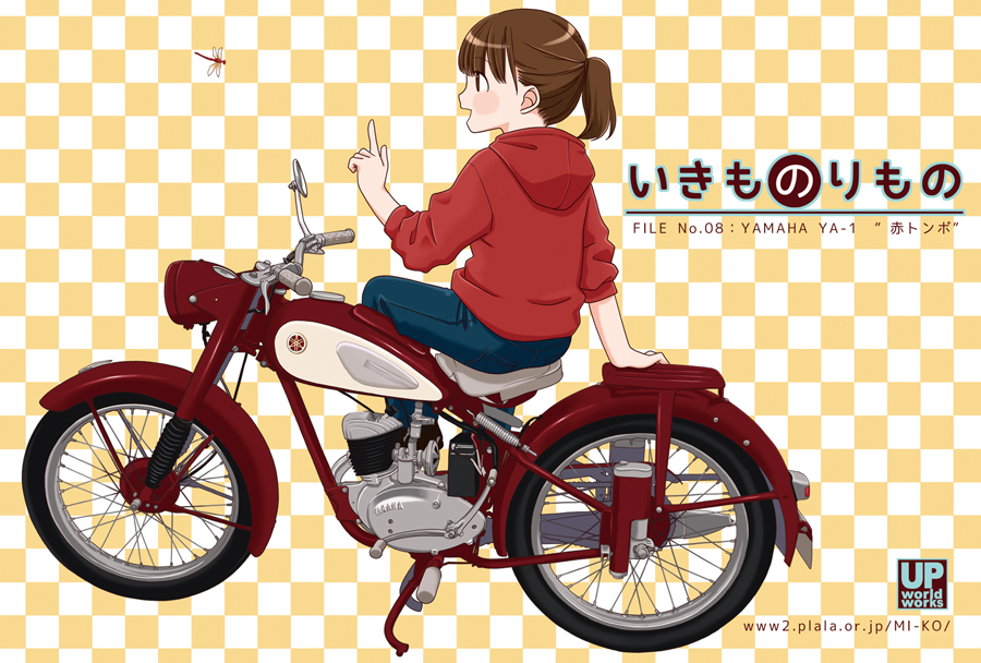 1girl arm_support brown_hair bug checkered checkered_background denim dragonfly ground_vehicle hood hoodie index_finger_raised jeans motor_vehicle motorcycle open_mouth original pants ponytail red_hoodie sato_miiko sitting solo web_address yamaha