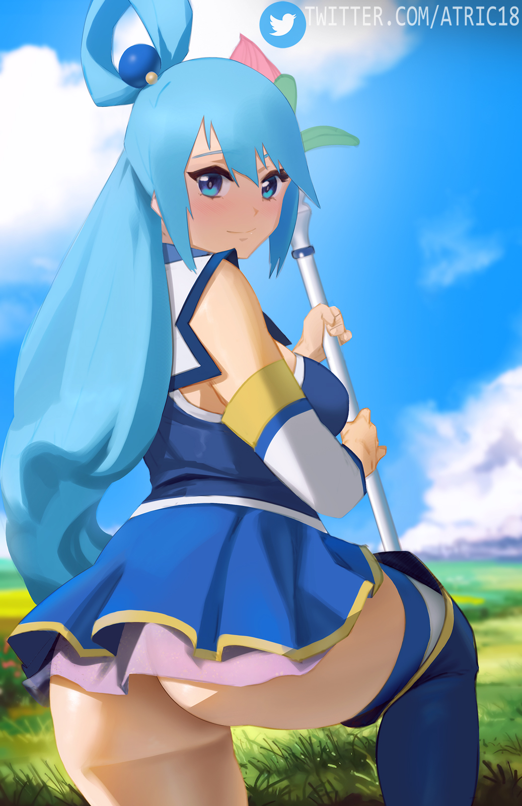 1girl aqua_(konosuba) ass atric18 bangs bare_shoulders blue_dress blue_eyes blue_hair blue_legwear blue_sky breasts closed_mouth commentary day detached_sleeves dress grass hair_ornament hair_rings highres holding holding_staff kono_subarashii_sekai_ni_shukufuku_wo! large_breasts long_hair looking_at_viewer looking_back outdoors sky smile solo staff standing standing_on_one_leg thigh-highs thighs twitter_logo twitter_username very_long_hair web_address