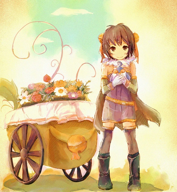 1girl alchemist_(ragnarok_online) animal bell bird black_footwear boots breasts brown_cape brown_eyes brown_hair cape closed_mouth commentary_request daisy dress elbow_gloves filir_(ragnarok_online) flower full_body fur_collar gloves green_gloves hair_bell hair_ornament holding holding_animal holding_bird jingle_bell looking_at_viewer mizunosan pullcart purple_dress purple_flower ragnarok_online red_flower rose shiny shiny_skin short_dress short_hair small_breasts smile standing white_flower yellow_flower