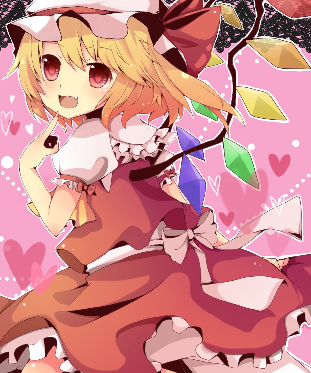 1girl :d ascot back_bow bangs blonde_hair bloomers blush bow breasts commentary_request crystal dot_nose eyebrows_visible_through_hair eyelashes fang finger_to_mouth fingernails flandre_scarlet frilled_shirt_collar frilled_skirt frills hat hat_ribbon heart highres looking_at_viewer mob_cap multicolored_wings one_eye_closed one_side_up open_mouth petticoat pink_background puffy_short_sleeves puffy_sleeves red_eyes red_ribbon red_skirt red_vest ribbon ruhika shiny shiny_hair shirt short_hair short_hair_with_long_locks short_sleeves side_ponytail skirt small_breasts smile solo standing touhou underwear upper_body vest white_headwear white_shirt wings wrist_cuffs yellow_neckwear