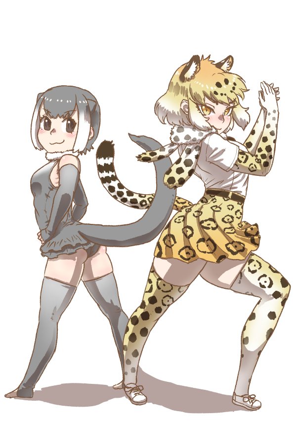 2girls :3 animal_ears ass bangs bare_shoulders belt black_hair blonde_hair cat_girl clapping closed_mouth colored_inner_hair dancing elbow_gloves extra_ears eyebrows_visible_through_hair fingerless_gloves flamenco full_body fur_collar fur_scarf gloves grey_hair grey_swimsuit hands_on_hips hands_up jaguar_(kemono_friends) jaguar_ears jaguar_girl jaguar_print jaguar_tail kemono_friends kishida_shiki looking_at_viewer looking_back medium_hair microskirt multicolored_hair multiple_girls one-piece_swimsuit otter_ears otter_tail own_hands_together print_legwear print_neckwear print_skirt scarf shirt short_hair short_sleeves sidelocks skirt small-clawed_otter_(kemono_friends) smile standing swimsuit tail thigh-highs toeless_legwear twisted_torso two-tone_hair white_hair white_shirt zettai_ryouiki