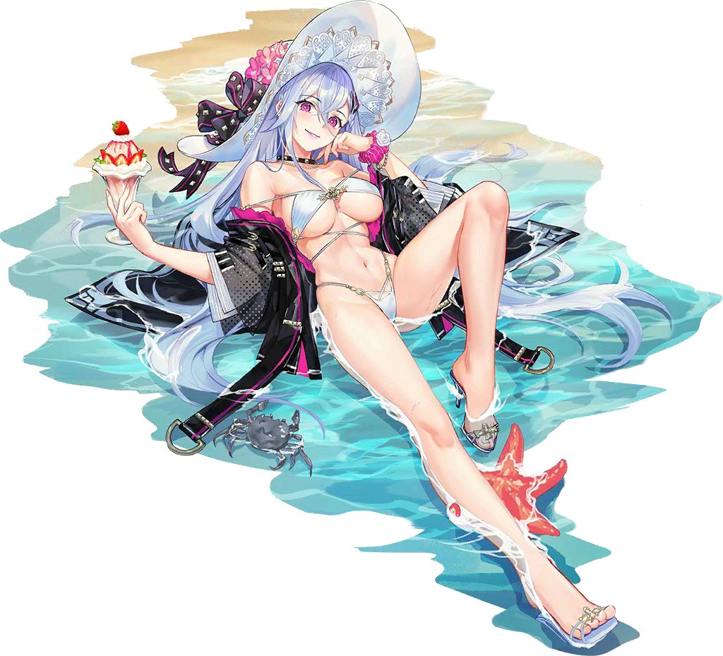 1girl bangs bikini black_choker black_jacket breasts choker crab criin dessert eyebrows_visible_through_hair feet flower food full_body hair_between_eyes hat hat_flower high_heels highleg highleg_bikini holding iron_saga jacket large_breasts long_hair looking_at_viewer lying off_shoulder official_art on_back parted_lips pink_flower scrunchie silver_hair studded_choker swimsuit transparent_background trista_(iron_saga) very_long_hair violet_eyes water white_bikini wrist_scrunchie