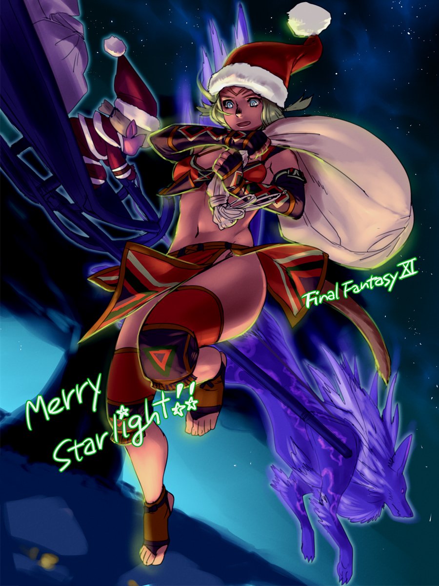 1boy 1girl aurora black_gloves blonde_hair breasts bright_pupils christmas copyright_name dark-skinned_female dark_skin elbow_gloves fenrir_(final_fantasy) final_fantasy final_fantasy_xi fingerless_gloves gloves hat highres holding light_blue_eyes medium_breasts mithra_(ff11) navel no_eyebrows open_mouth over_shoulder red_headwear sack santa_hat short_hair star_(sky) tarutaru toeless_footwear white_pupils wolf yuccoshi