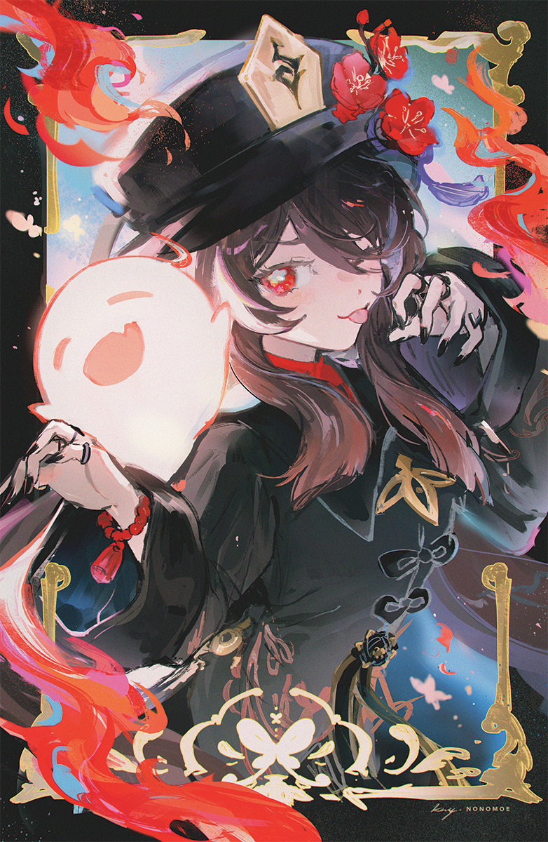 1girl ;p artist_name bangs black_border black_nails border brown_hair collared_coat fire flat_chest flower flower-shaped_pupils genshin_impact ghost hair_between_eyes hat hat_ornament highres hu_tao_(genshin_impact) jewelry k_(sktchblg) long_hair looking_at_viewer multiple_rings nail_polish one_eye_closed outside_border plum_blossoms porkpie_hat red_eyes ring sidelocks signature solo symbol-shaped_pupils talisman tassel tongue tongue_out upper_body