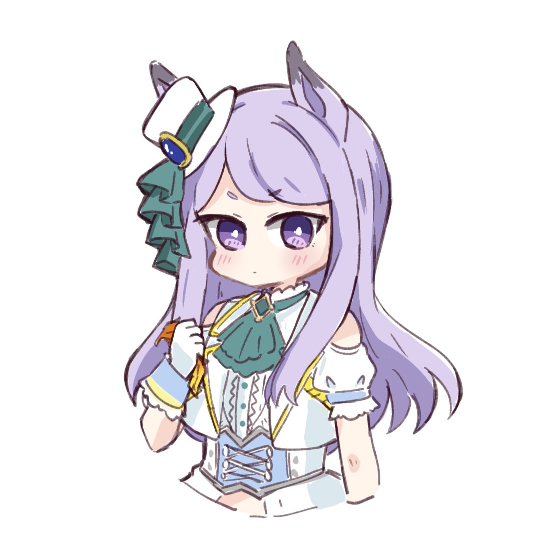 1girl animal_ears ascot bangs bare_shoulders blush closed_mouth clothing_cutout cropped_torso eyebrows_visible_through_hair gloves green_neckwear hand_up hat hitomiz holding horse_ears jacket long_hair looking_at_viewer mejiro_mcqueen_(umamusume) mini_hat mini_top_hat puffy_short_sleeves puffy_sleeves purple_hair shirt short_eyebrows short_sleeves shoulder_cutout simple_background solo thick_eyebrows tilted_headwear top_hat umamusume upper_body very_long_hair violet_eyes white_background white_gloves white_headwear white_jacket white_shirt
