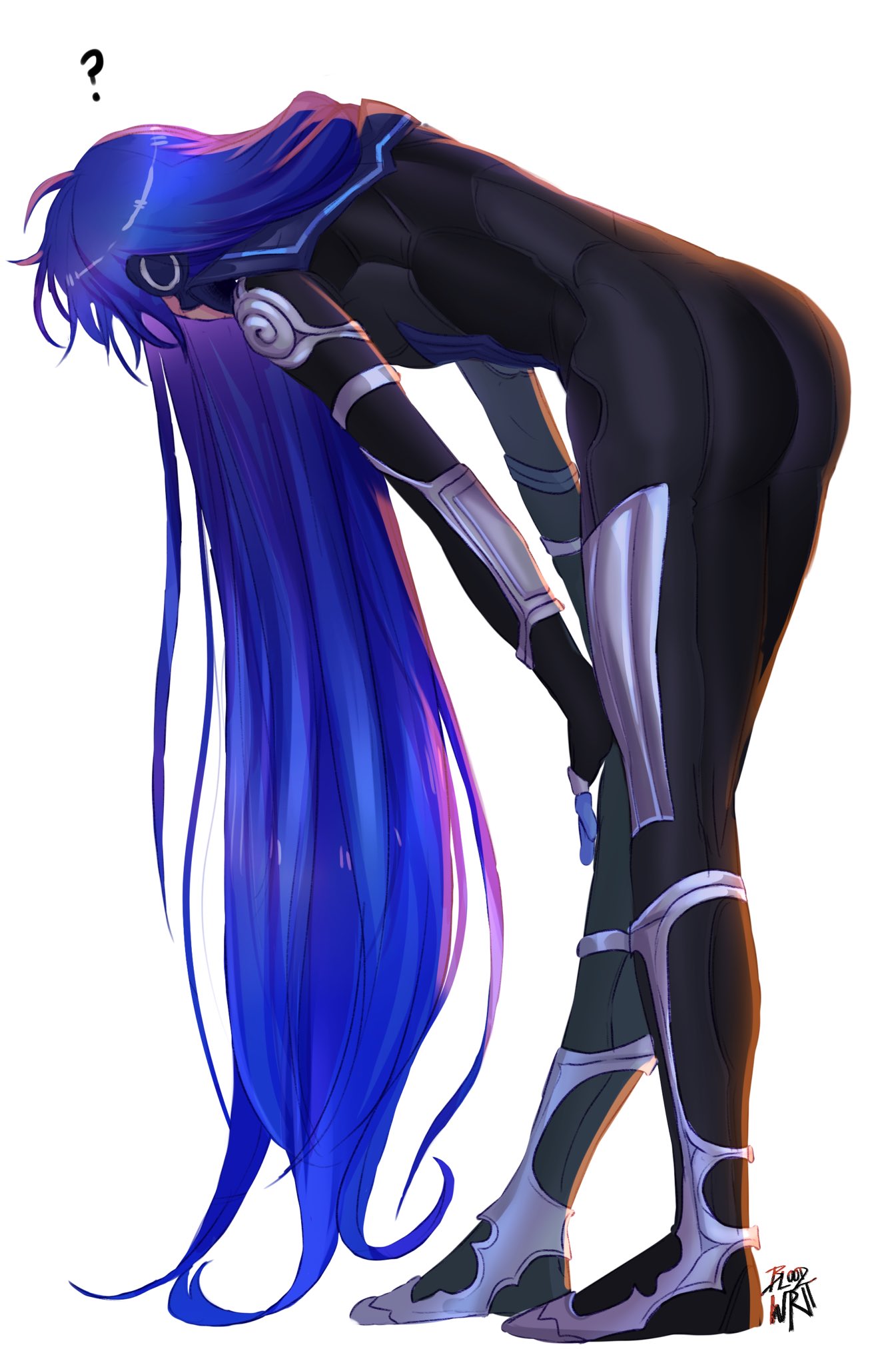 1boy androgynous armor ass bangs bent_over bloodwrit bodysuit eyelashes full_body highres long_hair male_focus otoko_no_ko protagonist_(smtv) purple_hair shin_megami_tensei shin_megami_tensei_v simple_background solo very_long_hair white_background