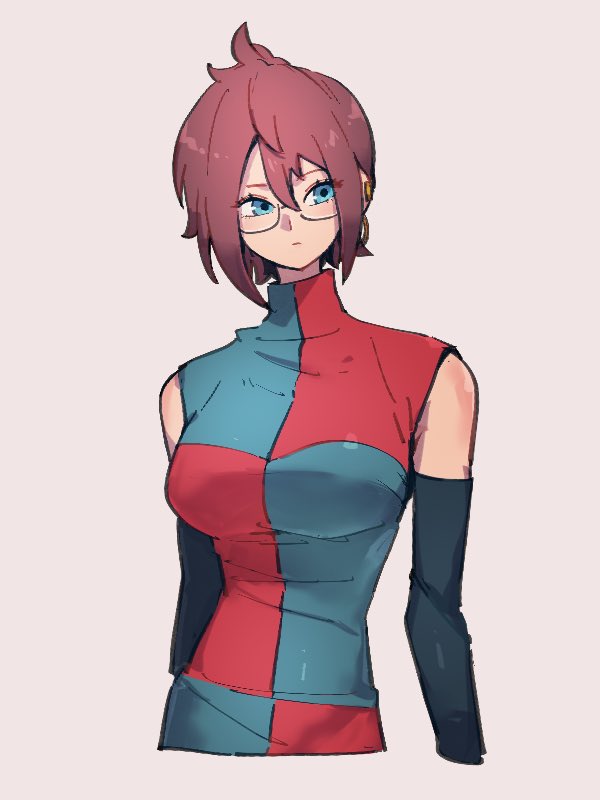 1girl alternate_hair_length alternate_hairstyle android_21 blue_eyes breasts checkered checkered_dress dragon_ball dragon_ball_fighterz dress earrings glasses grey_background hair_between_eyes jewelry kemachiku large_breasts looking_at_viewer redhead short_hair simple_background solo turtleneck