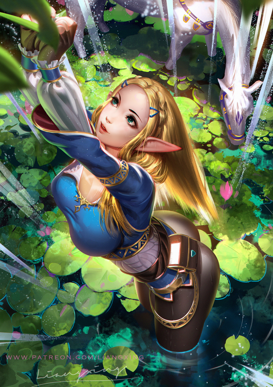 1girl arms_up blonde_hair breasts fingerless_gloves flower gloves green_eyes highres horse leaf liang_xing lily_pad looking_up pants parted_lips partially_submerged pointy_ears princess_zelda standing the_legend_of_zelda the_legend_of_zelda:_breath_of_the_wild tight tight_pants water
