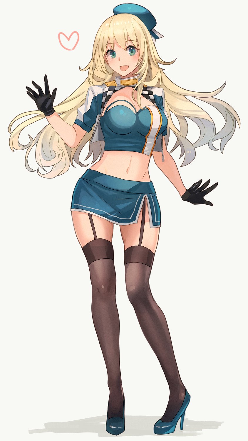 1girl atago_(kancolle) bandeau beret black_gloves black_legwear blonde_hair blue_bandeau blue_eyes blue_footwear blue_headwear blue_skirt breasts eyebrows_visible_through_hair female full_body garter_straps gloves grey_background hat heart high_heels highres kantai_collection kasumi_(skchkko) large_breasts long_hair miniskirt navel open_mouth pencil_skirt puffy_short_sleeves puffy_sleeves racequeen short_sleeves simple_background skirt smile solo thigh-highs thighhighs