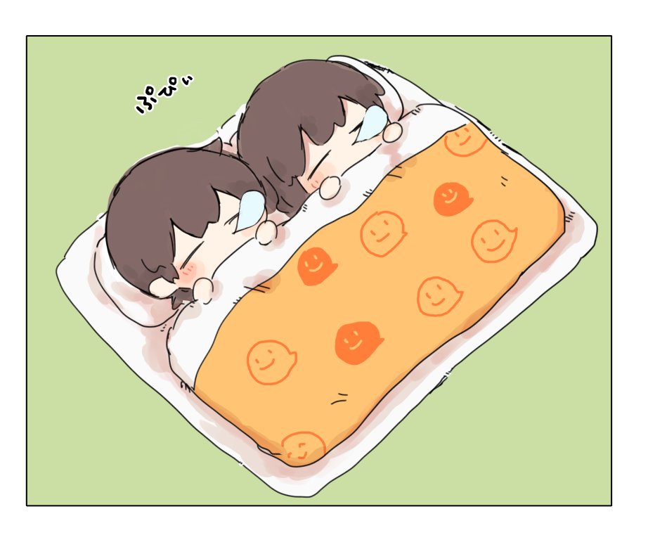 2girls akagi_(kancolle) bed bed_sheet blush brown_hair bubble chibi closed_eyes commentary_request ina_(1813576) kaga_(kancolle) kantai_collection long_hair lying multiple_girls pillow sleeping younger