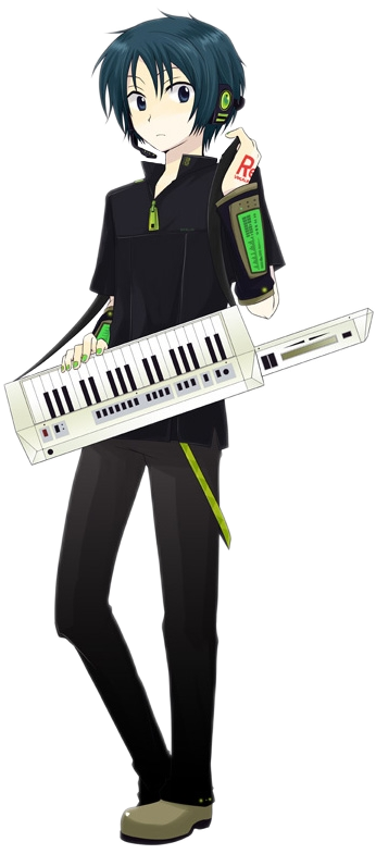 1boy blue_hair detached_sleeves full_body grey_eyes headphones headset instrument keytar looking_to_the_side male_focus official_art outline parted_lips short_hair soune_renzi tattoo third-party_source utau white_outline zipper