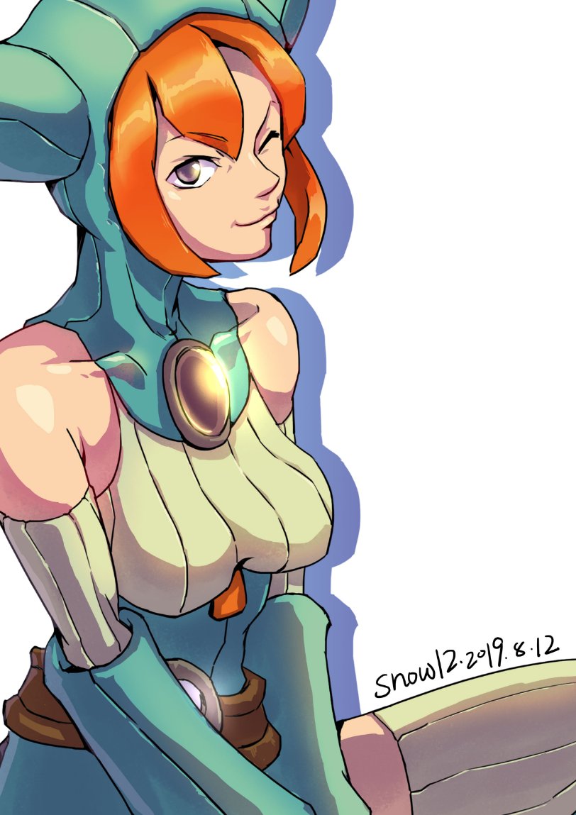 1girl animal_hood breasts breath_of_fire breath_of_fire_v cat_hood closed_mouth dress hood lin_(breath_of_fire) looking_at_viewer one_eye_closed orange_hair short_hair simple_background smile snow12 solo thigh-highs violet_eyes white_background