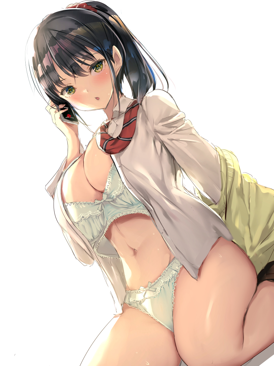 1girl black_hair bra bra_pull breasts cellphone clothes_pull commentary_request green_eyes hair_between_eyes highres holding holding_phone kneeling looking_at_viewer medium_hair navel necktie open_clothes open_mouth open_shirt original panties phone ponytail red_scrunchie school_uniform scrunchie shirt simple_background solo sweater_vest underwear white_background white_bra white_panties white_shirt yaegashi_nan