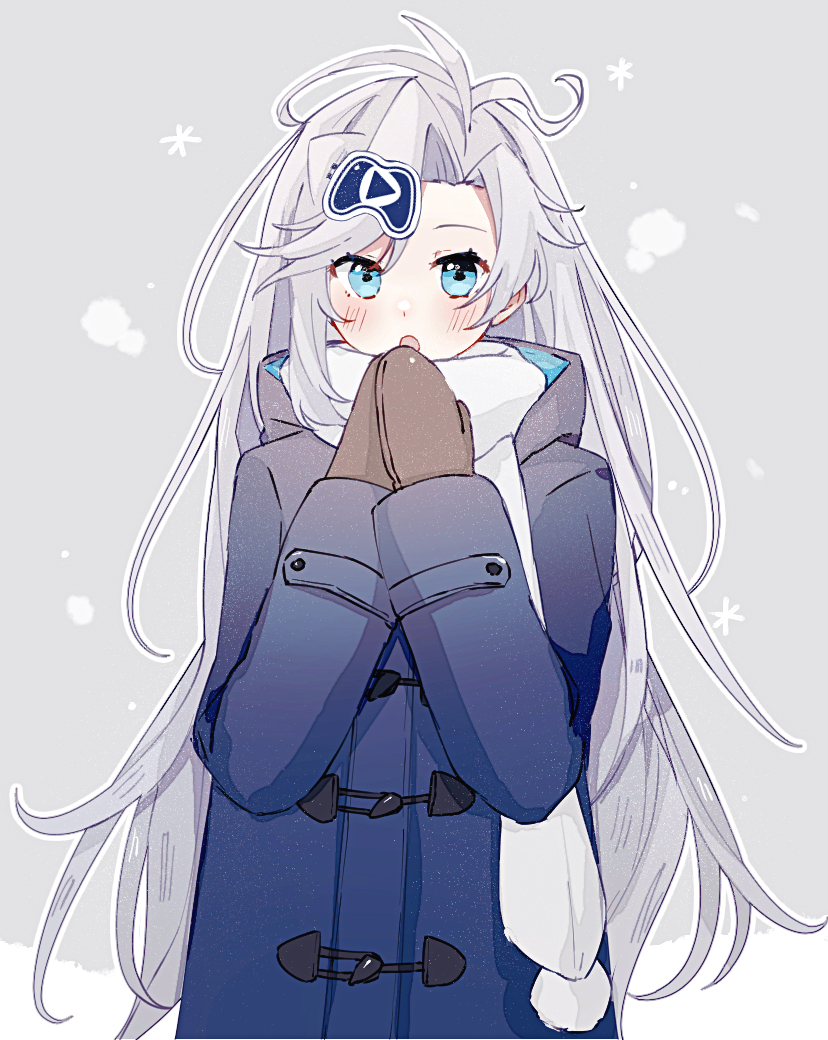 1girl 3pm alternate_costume bangs black_mittens blue_eyes blue_jacket blush controller_hair_ornament grey_background hood hooded_jacket jacket long_hair mittens obake_pam open_mouth playasia scarf silver_hair snowflakes solo very_long_hair virtual_youtuber white_scarf