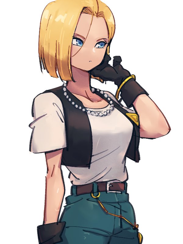 1girl android_18 belt black_gloves blonde_hair blue_eyes blue_pants bracelet brown_belt dragon_ball dragon_ball_z gloves jewelry kemachiku looking_away necklace pants shirt short_hair short_sleeves simple_background solo white_background white_shirt