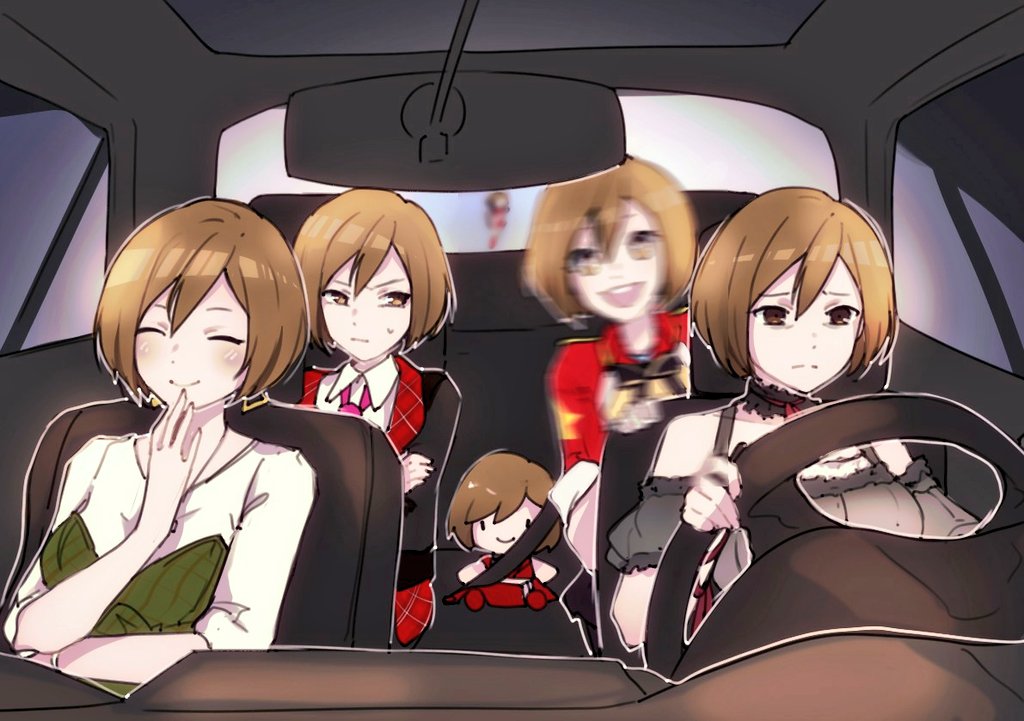 4girls ^_^ blurry brown_eyes brown_hair car closed_eyes doll driving earrings ground_vehicle hand_up jewelry meiko motor_vehicle multiple_girls multiple_persona project_sekai seatbelt shaking short_hair smile stuffed_toy vocaloid yen-mi