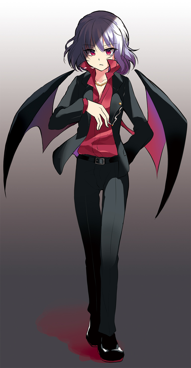 1girl :/ alternate_costume arm_behind_back bangs bat_wings belt beni_kurage black_belt black_footwear black_jacket black_pants blush breasts chain cigarette closed_mouth collarbone collared_shirt commentary_request eyebrows_visible_through_hair eyelashes fingernails formal full_body gold_chain gradient gradient_background grey_background highres holding holding_cigarette jacket jewelry light_purple_hair looking_at_viewer necklace pants red_eyes red_shirt remilia_scarlet shirt short_hair simple_background small_breasts smoke solo standing touhou wing_collar wings