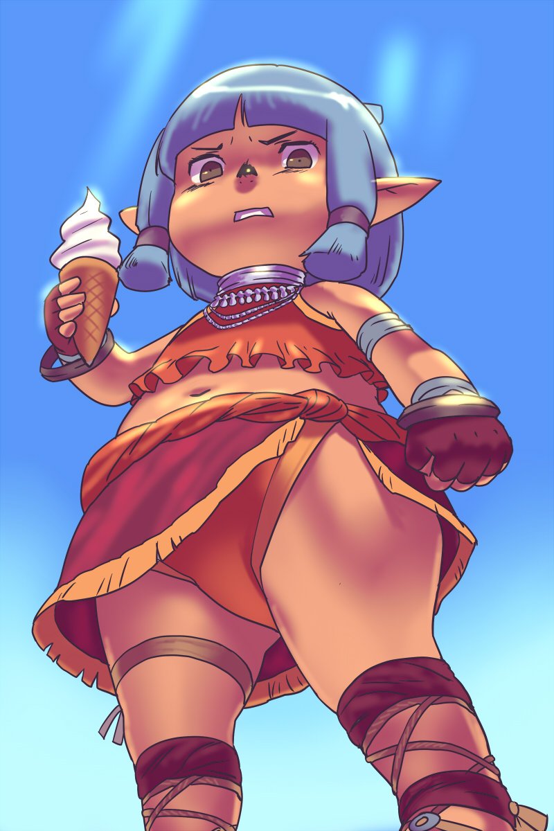 1girl angry arm_at_side bikini blue_hair bracelet brown_eyes clenched_hand dark-skinned_female dark_skin final_fantasy final_fantasy_xi fingerless_gloves flat_chest food from_below gloves hair_tubes highres ice_cream ice_cream_cone jewelry navel necklace pointy_ears red_bikini red_gloves red_sarong sarong short_hair solo swimsuit tarutaru v-shaped_eyebrows yuccoshi