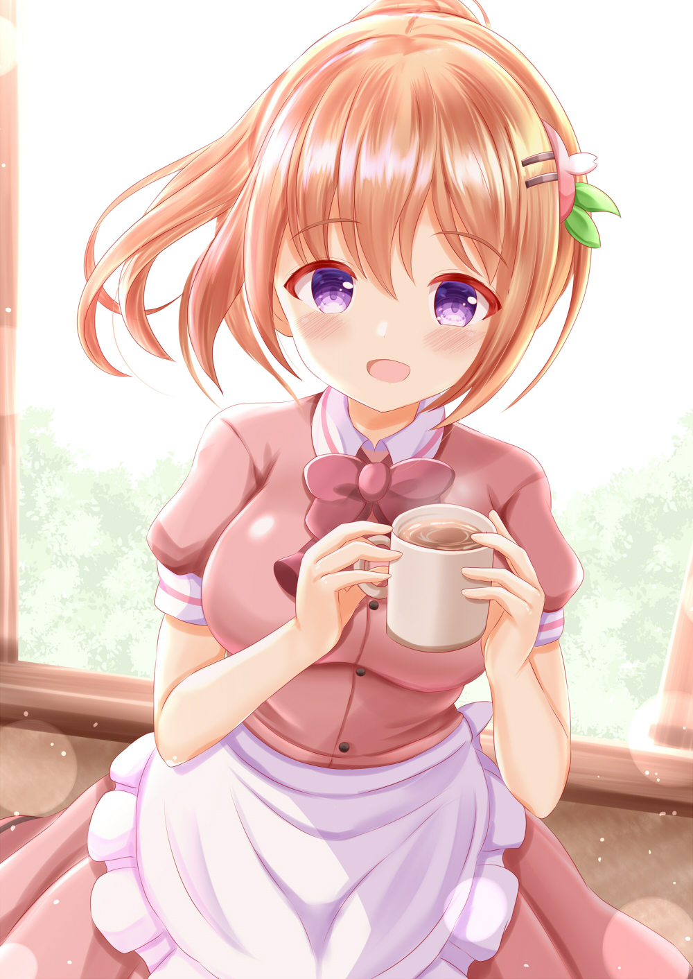 1girl :d apron bangs blush bow brown_hair brown_shirt brown_skirt coffee collared_shirt commentary_request cup dress_shirt eyebrows_visible_through_hair frilled_apron frills gochuumon_wa_usagi_desu_ka? hair_between_eyes hair_ornament hairclip highres holding holding_cup hoto_cocoa indoors looking_at_viewer mug pleated_skirt ponytail puffy_short_sleeves puffy_sleeves red_bow shirt short_sleeves skirt smile solo steam uniform violet_eyes waist_apron waitress white_apron window zenon_(for_achieve)