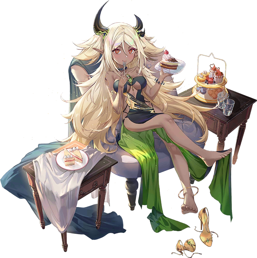 1girl asymmetrical_horns bangle bangs barefoot blonde_hair blush bracelet breasts cake chair criin crossed_legs cup dark-skinned_female dark_skin dress eating feet food fork full_body gem hair_between_eyes holding holding_fork holding_plate horns iron_saga jewelry long_hair medium_breasts moirai_(iron_saga) official_art plate pointy_ears red_eyes shoes shoes_removed sitting solo table transparent_background two_side_up very_long_hair