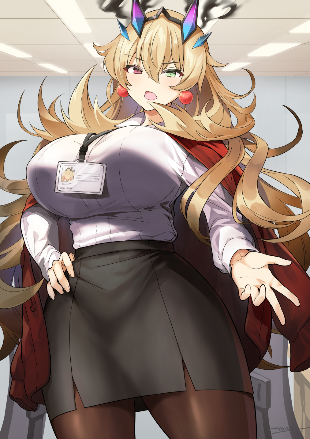 1girl bangs black_skirt blonde_hair blush breasts brown_legwear collared_shirt dress_shirt earrings fairy_knight_gawain_(fate) fate/grand_order fate_(series) green_eyes heterochromia highres horns id_card jacket jacket_on_shoulders jewelry lanyard large_breasts long_hair long_sleeves looking_at_viewer office_lady open_mouth pantyhose pencil_skirt red_eyes red_jacket shirt skirt solo thighs tyone white_shirt