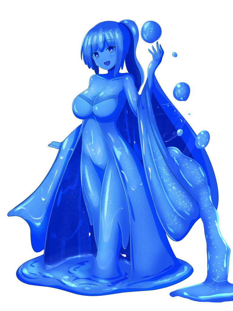1girl :d blue_eyes blue_hair blue_skin breasts colored_skin dress full_body hand_up long_hair medium_breasts monster_girl original rethnick simple_background slime_girl smile solo standing white_background wide_sleeves