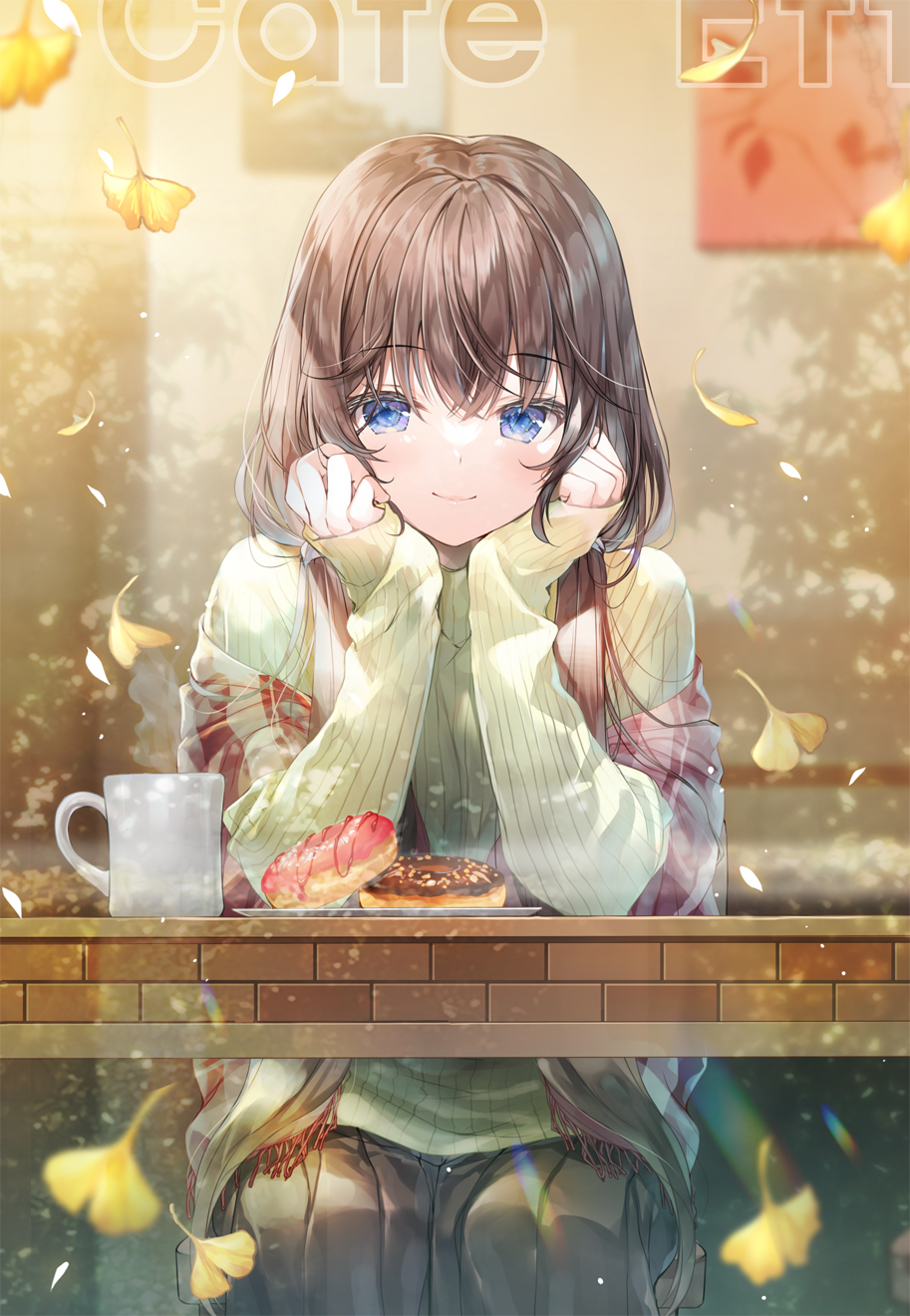 1girl black_skirt blue_eyes brown_hair cup doughnut falling_leaves food ginkgo_leaf green_sweater hands_on_own_cheeks hands_on_own_face head_rest highres leaf long_hair long_sleeves looking_at_viewer miwabe_sakura mug original pleated_skirt ribbed_sweater scarf sitting skirt smile solo sweater