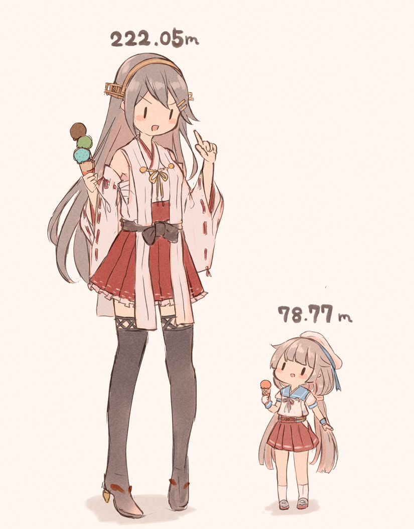2girls boots detached_sleeves food frilled_skirt frills grey_hair hair_ornament hairband hairclip haruna_(kancolle) headgear hip_vent holding holding_food ice_cream ice_cream_cone japanese_clothes kantai_collection long_hair low_twintails mikura_(kancolle) multiple_girls nontraditional_miko pleated_skirt puffy_short_sleeves puffy_sleeves red_skirt remodel_(kantai_collection) ribbon-trimmed_sleeves ribbon_trim sailor_collar sailor_shirt shirt short_sleeves size_difference skirt standing thigh-highs thigh_boots twintails waffle_cone white_shirt wss_(nicoseiga19993411)
