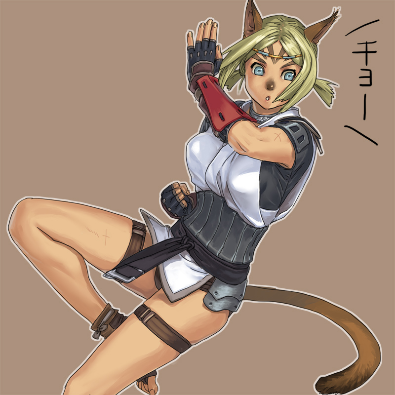 1girl animal_ears bangs black_gloves blonde_hair brown_background cat_ears cat_girl cat_tail clenched_hand final_fantasy final_fantasy_xi fingerless_gloves fingernails gloves light_brown_eyes mithra_(ff11) monk_(final_fantasy) no_eyebrows outline parted_bangs short_hair short_twintails simple_background solo tail thigh_strap toeless_footwear twintails white_outline yuccoshi
