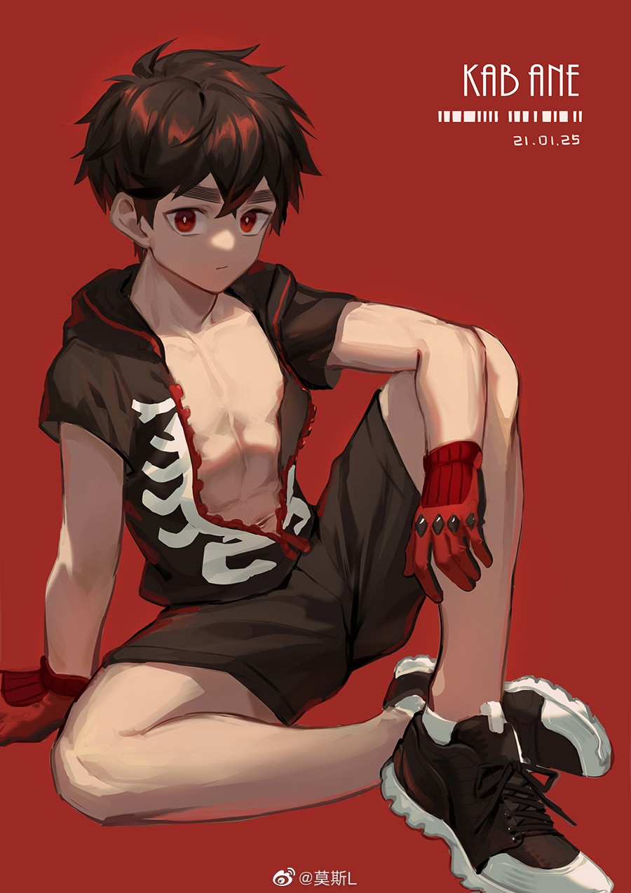 1boy black_footwear black_shorts closed_mouth commentary_request gloves hair_between_eyes highres kemono_jihen kusaka_kabane large_pectorals male_focus mosi_l pectorals red_background red_eyes shorts simple_background unzipped