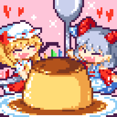 2girls blonde_hair blue_dress closed_eyes crystal curled_horns custard dress fang flandre_scarlet food grey_hair heart holding horns kumamoto_(bbtonhk2) lowres multiple_girls open_mouth oversized_food pink_background pixel_art plate pointy_ears red_horns red_sleeves short_hair simple_background smile spoon star_(symbol) symbol-only_commentary touhou toutetsu_yuuma white_headwear wings
